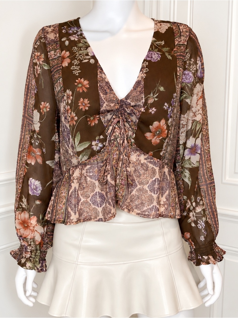 American Eagle Floral Sheer V-Neck Tie Front Peplum Top Women SZ L Romantic Boho